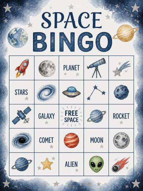 Bingo grid in the Watercolor Rocket Space 4th Birthday design