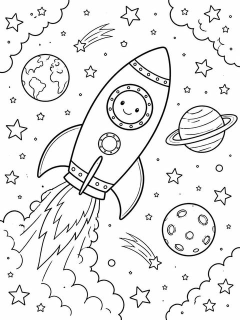 Coloring sheet in the Watercolor Rocket Space 4th Birthday design