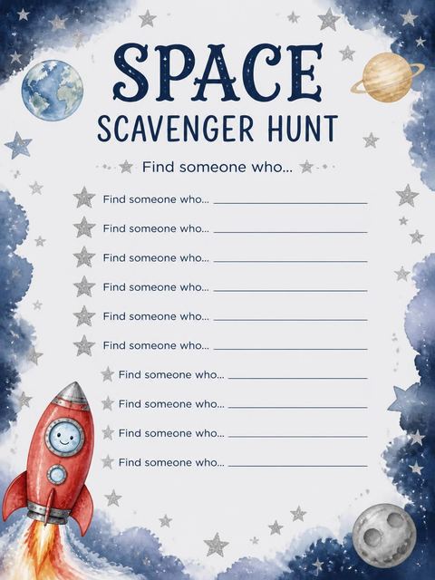 Scavenger hunt in the Watercolor Rocket Space 4th Birthday design