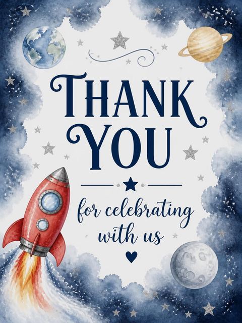 Thank-you flat in the Watercolor Rocket Space 4th Birthday design