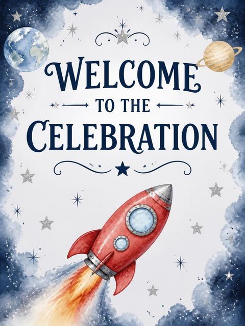Welcome sign in the Watercolor Rocket Space 4th Birthday design