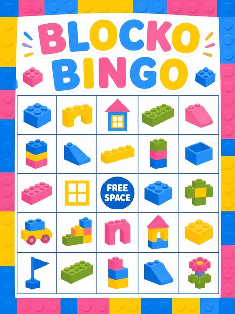 Bingo grid in the Colorful Building Blocks 1st Birthday design