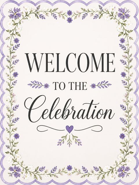Welcome sign in the Watercolor Lavender Scalloped 50th Birthday Invitation design