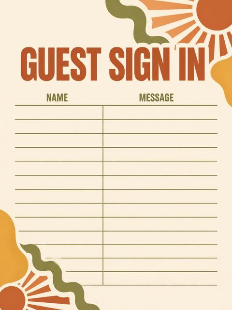 Guest sign-in sheet in the Retro 70s Sunburst 40th Birthday design
