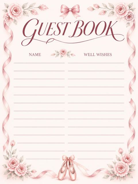 Guest sign-in sheet in the Blush Watercolor Ballerina 2nd Birthday design
