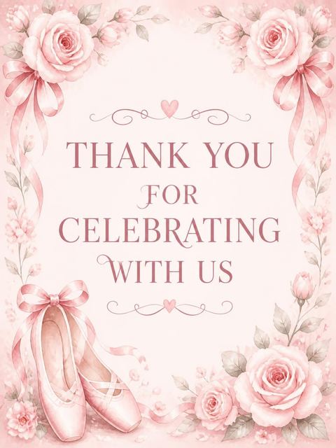 Thank-you flat in the Blush Watercolor Ballerina 2nd Birthday design