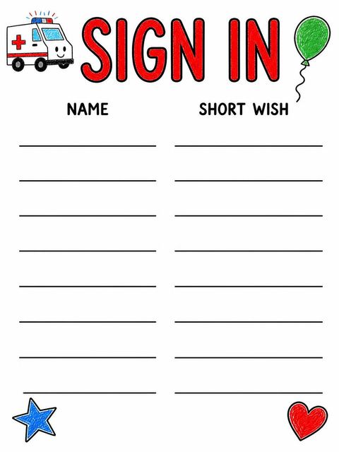 Guestbook signing card in the Crayon Ambulance 3rd Birthday Invitation design