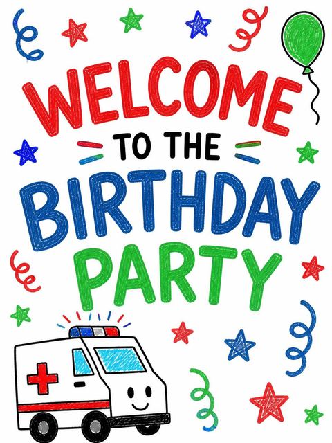 Welcome sign in the Crayon Ambulance 3rd Birthday Invitation design