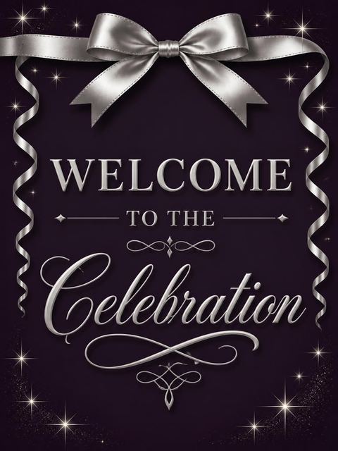 Welcome sign in the Dark Purple Silver Ribbon 80th Birthday design