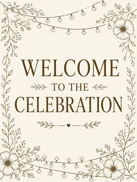 Welcome sign in the Cream Botanical String Light Invitation design