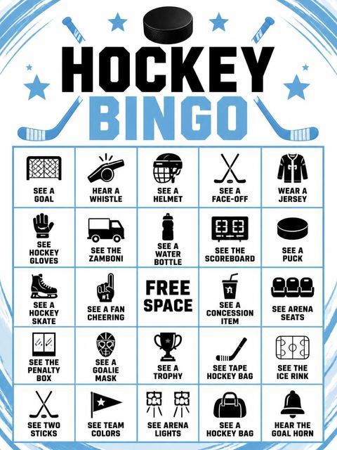 Bingo grid in the Crossed Hockey Sticks 9th Birthday Party design