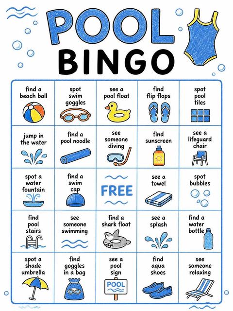 Bingo grid in the Crayon Blue Swim 6th Birthday Invitation design