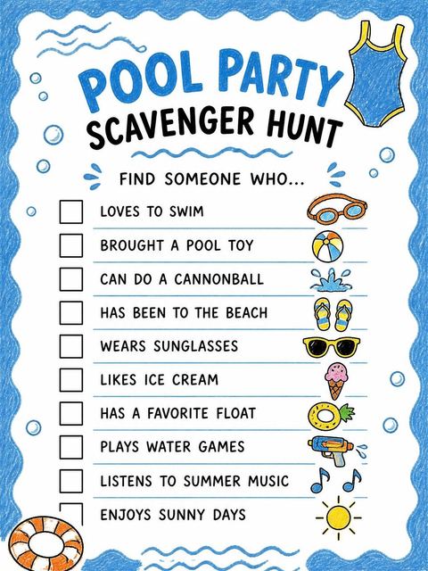 Scavenger hunt in the Crayon Blue Swim 6th Birthday Invitation design