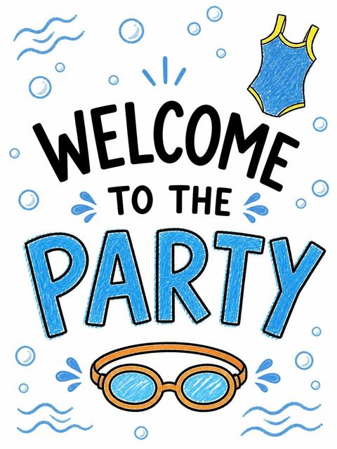 Welcome sign in the Crayon Blue Swim 6th Birthday Invitation design