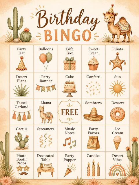 Bingo grid in the Watercolor Camel Desert 5th Birthday design