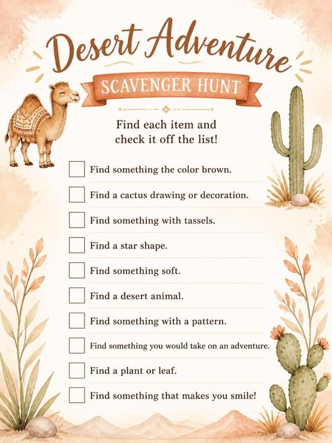 Scavenger hunt in the Watercolor Camel Desert 5th Birthday design