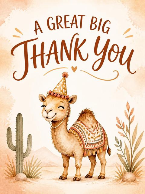 Thank-you flat in the Watercolor Camel Desert 5th Birthday design