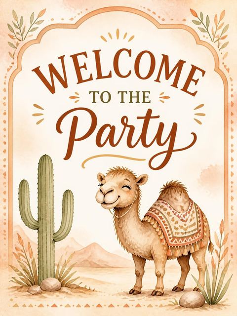 Welcome sign in the Watercolor Camel Desert 5th Birthday design