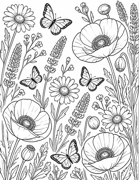 Coloring sheet in the Red Poppy Butterfly Birthday design