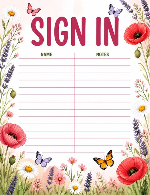 Guest sign-in sheet in the Red Poppy Butterfly Birthday design
