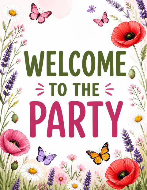 Welcome sign in the Red Poppy Butterfly Birthday design