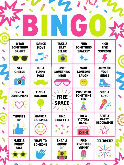 Bingo grid in the Neon Scribble Graphic Kids Birthday design