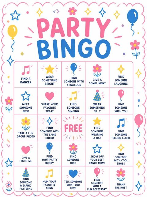 Bingo grid in the Pink Blue Yellow Balloon 8th Birthday design