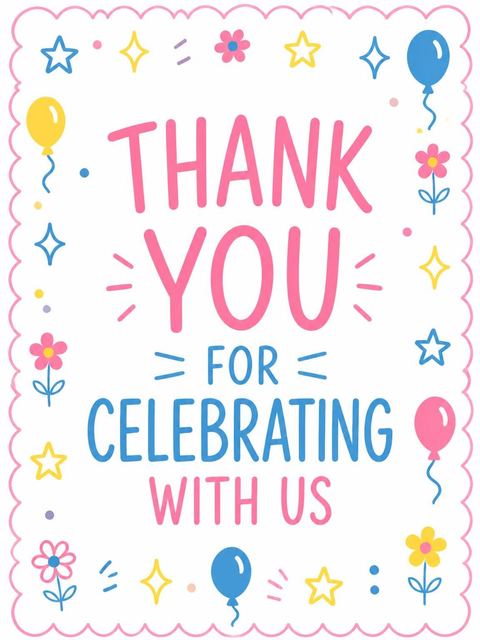 Thank-you flat in the Pink Blue Yellow Balloon 8th Birthday design