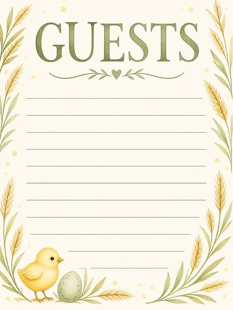 Guest sign-in sheet in the Watercolor Chick Wheat 1st Birthday design