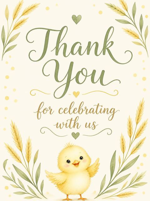 Thank-you flat in the Watercolor Chick Wheat 1st Birthday design
