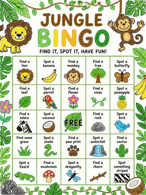 Bingo grid in the Crayon Jungle Animal 7th Birthday Invitation design