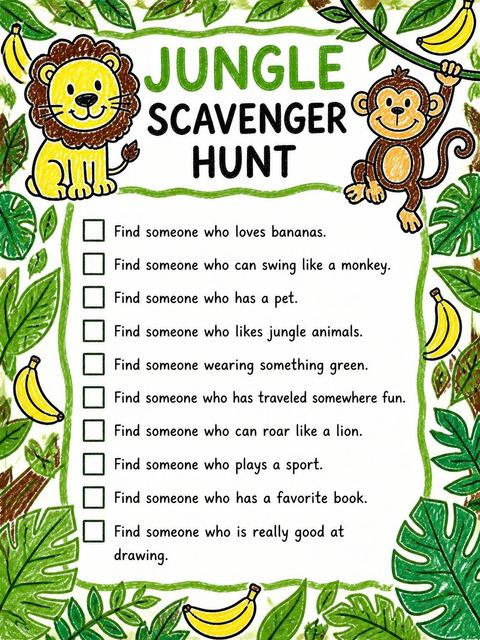 Scavenger hunt in the Crayon Jungle Animal 7th Birthday Invitation design