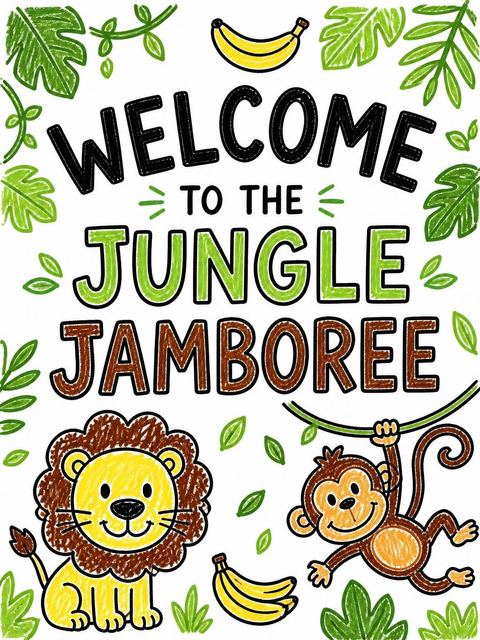 Welcome sign in the Crayon Jungle Animal 7th Birthday Invitation design