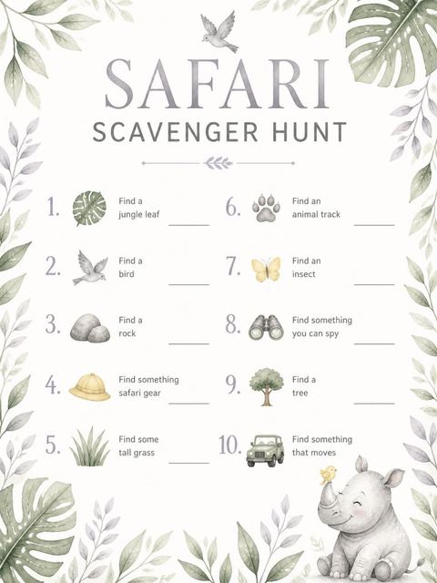 Scavenger hunt in the Watercolor Rhino 3rd Birthday Invitation design