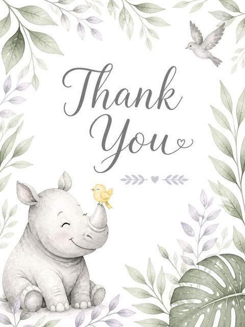 Thank-you flat in the Watercolor Rhino 3rd Birthday Invitation design