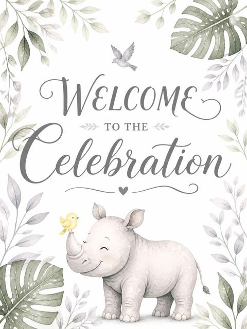 Welcome sign in the Watercolor Rhino 3rd Birthday Invitation design