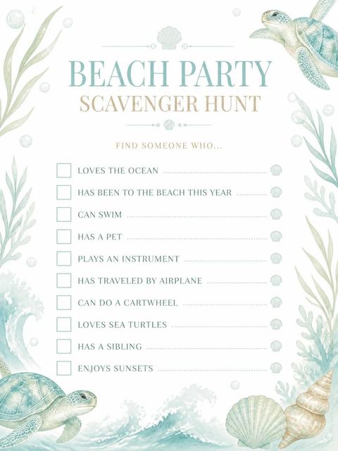 Scavenger hunt in the Watercolor Sea Turtle Beach Party design