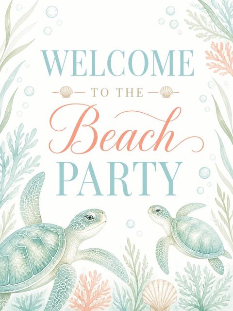 Welcome sign in the Watercolor Sea Turtle Beach Party design