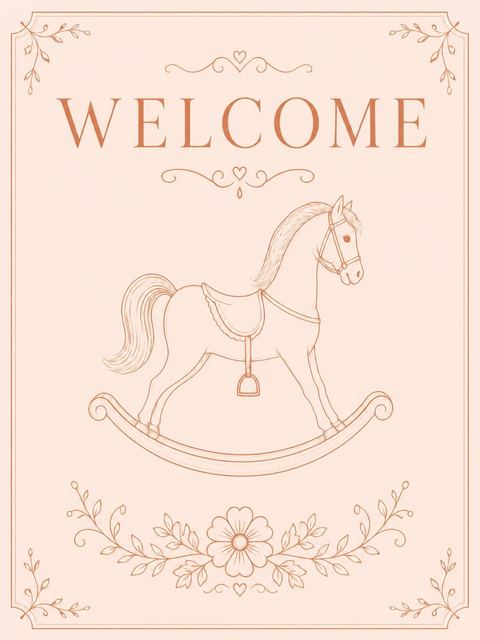 Welcome sign in the Peach Minimalist Rocking Horse Baby Shower design