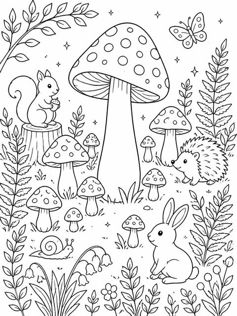 Coloring sheet in the Woodland Mushroom 1st Birthday Invitation design