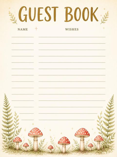 Guest sign-in sheet in the Woodland Mushroom 1st Birthday Invitation design