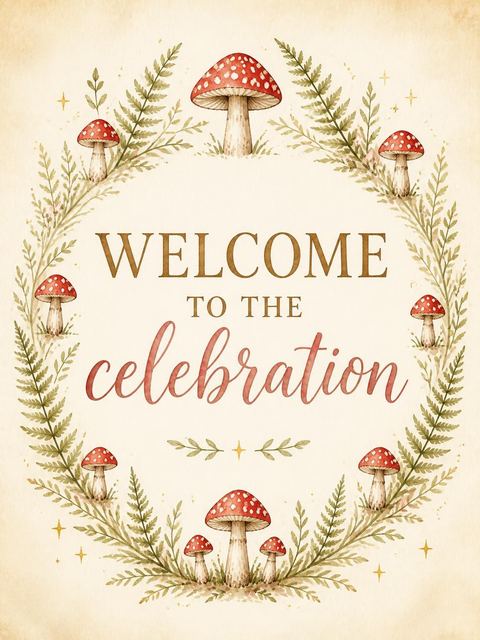 Welcome sign in the Woodland Mushroom 1st Birthday Invitation design