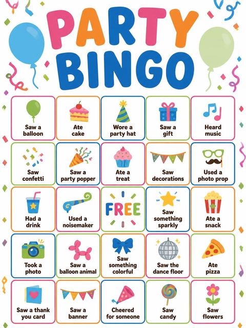 Bingo grid in the Primary Color Confetti 1st Birthday Invitation design