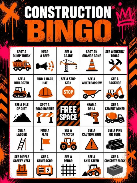Bingo grid in the Neon Caution Tape 5th Birthday Invitation design