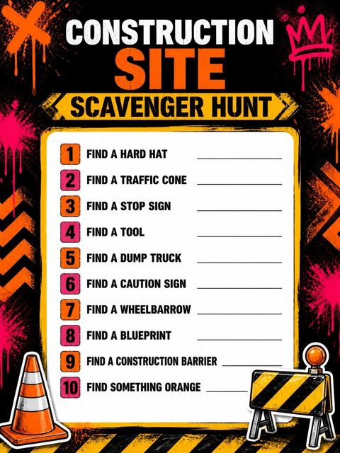 Scavenger hunt in the Neon Caution Tape 5th Birthday Invitation design