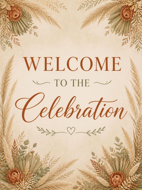 Welcome sign in the Parchment Pampas Grass Bridal Brunch design