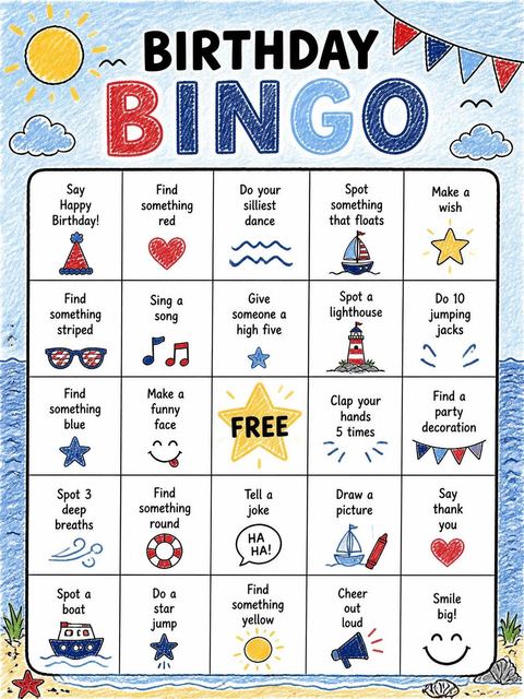 Bingo grid in the Crayon Nautical Motif 7th Birthday design