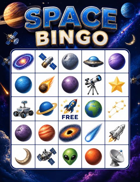 Bingo grid in the 3D Rocket Ship Space 10th Birthday design