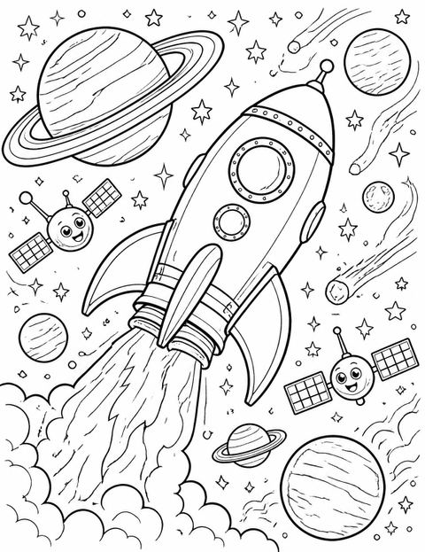Coloring sheet in the 3D Rocket Ship Space 10th Birthday design