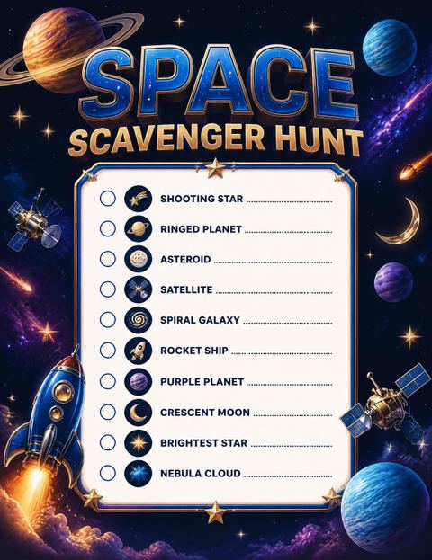 Scavenger hunt in the 3D Rocket Ship Space 10th Birthday design